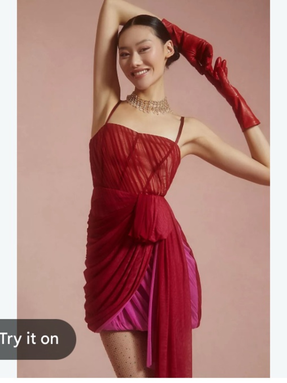 Anthropologie Structured Tulle Red Mini Dress with Pink Underlay